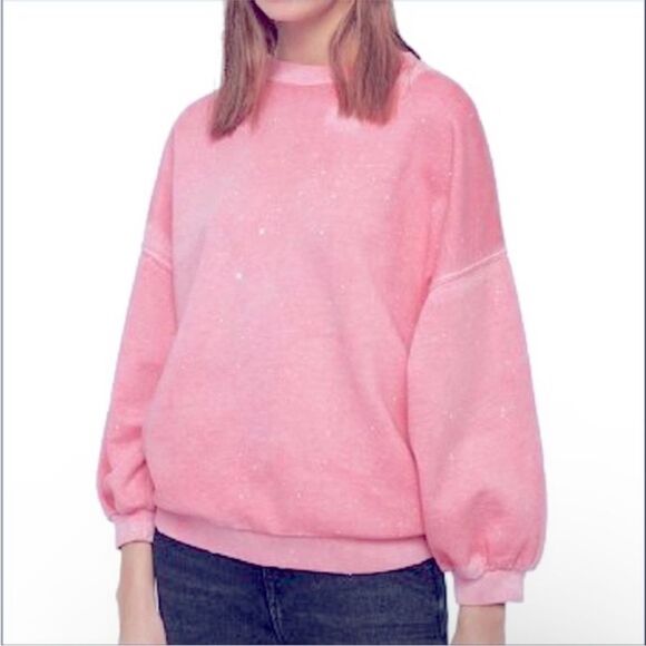 All Saints Storn size Medium Bubblegum Pink with White Paint Splatter Crewneck - Picture 2 of 15